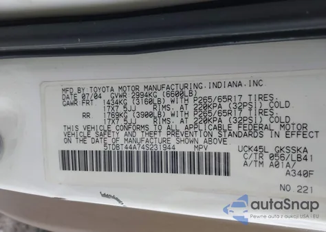 2004 Toyota Sequoia Sr5 V8 z USA, uszkodzony, nr VIN 5TDBT44A74S231944